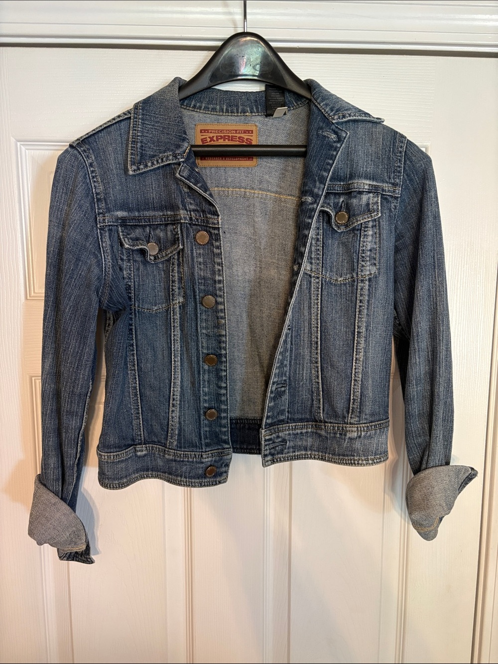 Express Women's Medium Blue Denim Button-Front Cropped Jacket Size Small
